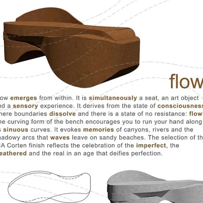 This is the concept for the 'Flow' bench, an object that is simultaneously a seat, a piece of art, and a sensory experience. Its curving form evokes memories of canyons, rivers, and waves on a sandy beach.