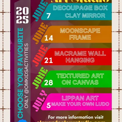 Here is our exciting lineup of parent-child art workshops for the summer. From a Decoupage Box in June to Lippan Art in July, each week offers a new creative adventure for kids aged 6-14.