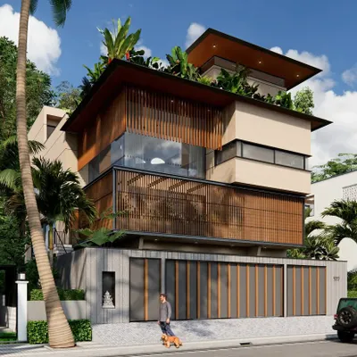 The 18th Avenue House in Chennai, designed as a response to the tropical climate. The layered form, with its wooden louvers and green terraces, is a result of site context, Vastu principles, and our goal to create a seamless indoor-outdoor connection.