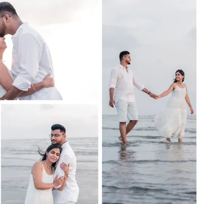 A collage showcasing a couple's pre-wedding shoot on the beach, featuring candid walking shots and intimate embraces in the soft light.