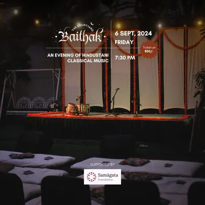 The stage is set for an evening of Hindustani classical music. The mattresses on the floor invite you to sit comfortably and get lost in the sound, creating a truly traditional baithak feel.