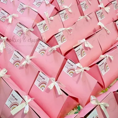 Pretty in pink. These custom goodie bags were prepared as return favors for a first birthday party. Each bag contained a mini tea cake, a cookie, a brownie, and some chocolates.