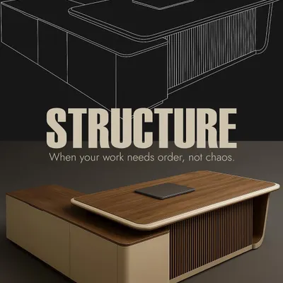 This executive desk combines a premium wood finish with fluted panel detailing and integrated storage. The design provides a structured, organized workspace without sacrificing style.