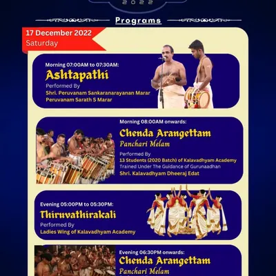 The program schedule for the first day of our Melothsavam 2022, featuring Ashtapathi, Chenda Arangettam, and Thiruvathirakali.