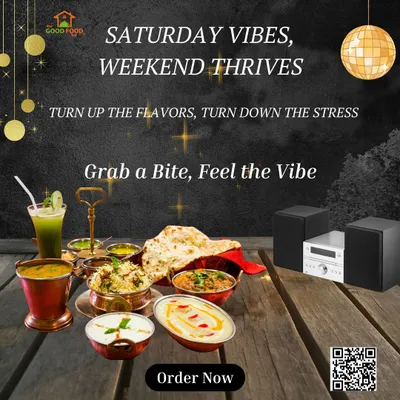 Saturday vibes, weekend thrives. This graphic captures the essence of our brand: turning up the flavors and turning down the stress with a delicious spread of food perfect for a weekend party.