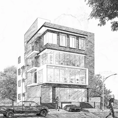 A conceptual sketch for a commercial building, representing the initial stage of our design process where ideas are first put to paper.
