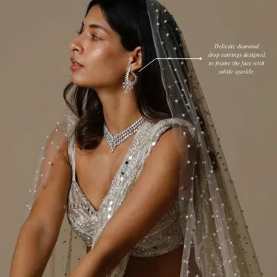 A vision in our Diamond Drop Necklace set. These delicate diamond drop earrings and matching necklace are designed to frame the face with subtle, elegant sparkle, perfect for a wedding reception or cocktail event.