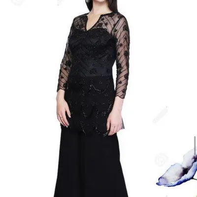 A sophisticated all-black palazzo set. The outfit features a sheer, long-sleeved tunic with intricate tonal embroidery over wide-legged pants, creating a chic and modern ethnic look.
