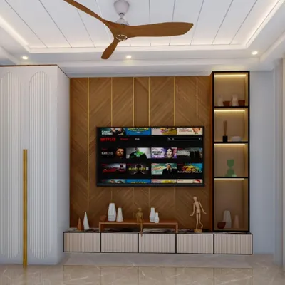 This 3D render shows a design for a living room TV unit. The plan includes a wood-paneled feature wall, a floating console, and a glass display cabinet, all designed to create a balanced and modern entertainment zone.