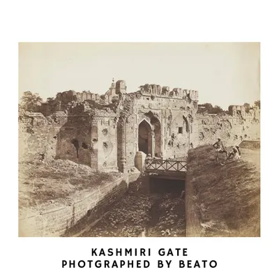 A historic 1857 photograph of Kashmiri Gate by Felice Beato, showing the damage sustained during the British assault to recapture Delhi. Comparing this with the gate today allows us to directly engage with the aftermath of the revolt.