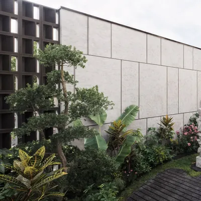 A detailed render from a landscape project, focusing on the texture and form of a manicured bonsai tree against a modern facade. This image shows my focus on botanical accuracy and material contrast in landscape visualization.