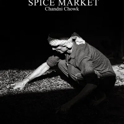 A worker sorts spices in a patch of sunlight at Khari Baoli, Asia's largest spice market. The dramatic lighting and the text overlay make this a powerful introductory image to the series.