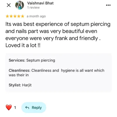 We love getting reviews like this. Knowing our clients appreciate our friendly service, clean environment, and beautiful work in both piercings and nails makes it all worthwhile. Thank you for the trust.