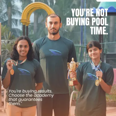 You aren't just buying pool time; you're buying results. Here, two of my students proudly display their medals and a trophy alongside their coach.