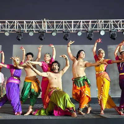 A vibrant group pose from our production 'Maheswara'. This piece is a tribute to Lord Shiva and blends the masculine energy of Chhau with the grace of Bharatanatyam.