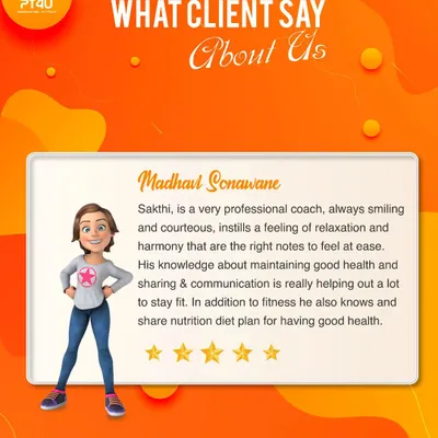 A testimonial from Madhavi, who highlights my professional and courteous approach. She mentions my knowledge in both fitness and nutrition, which helped her stay fit and feel at ease during her training.