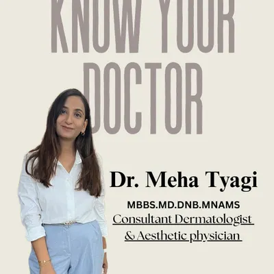 This is me, Dr. Meha Tyagi. As a consultant dermatologist and aesthetic physician, my goal is to provide you with expert care you can trust. Knowing your doctor is the first step towards a healthy skin and hair journey.