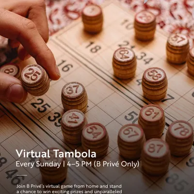 A close-up of a Virtual Tambola game in progress. This poster invites guests to join the fun from home and win exciting prizes and experiences.