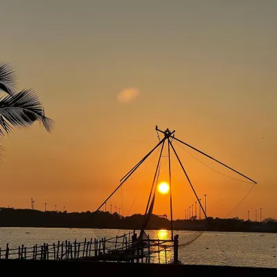 The sun sets behind a Chinese fishing net in Kochi, with a palm tree framing the scene. This is the quintessential Kerala coastal experience, peaceful and picturesque.