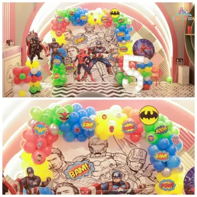 BAM! POW! A superhero party in full swing! This awesome Avengers theme decoration features a comic book style backdrop and colorful balloons, perfect for your little hero's birthday bash.