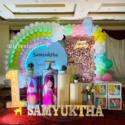 A beautiful rainbow theme with a princess twist. The pastel balloon rainbow, sequin backdrop, and marquee letters create a dreamy setting for a first birthday.