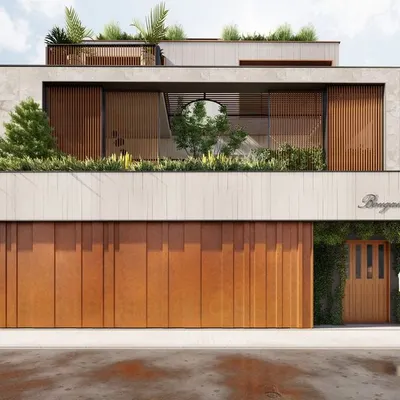 This is the initial concept render for a 7500 sqft contemporary villa in Bengaluru. Our architectural design focuses on clean lines, natural materials like wood and stone, and integrating green spaces throughout the structure.
