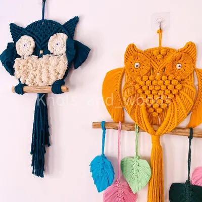 An owl family! Here you can see two different designs and color options for my macrame owls. They look so cute together and are perfect for an animal-themed nursery.