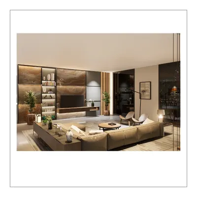The living room at ALTURA is defined by a feature wall with earthy, textured panels and integrated shelving. The large sectional sofa and warm, layered lighting create an inviting space for relaxation and socializing.