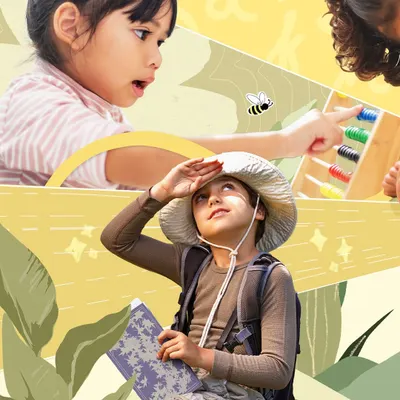 This collage captures the spirit of our "Class of 2025," showcasing a blend of nature exploration, hands-on learning with an abacus, and focused creative work.