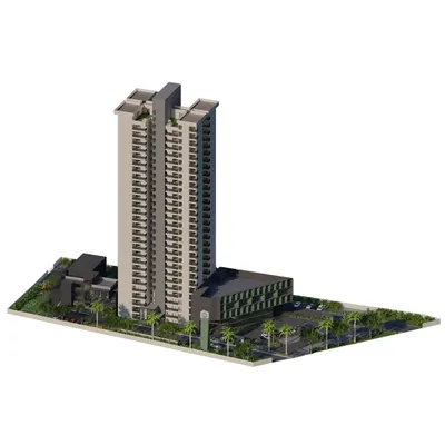 An isometric rendering of a 29-storey mixed-use development. This view illustrates the project's massing and site layout, showing the relationship between the residential tower, the commercial block, and the surrounding landscape.