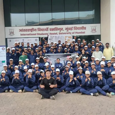 A massive group of 91 students from the National Service Scheme at the University of Mumbai after their Krav Maga workshop. We are experienced in handling large group sessions for educational institutions.