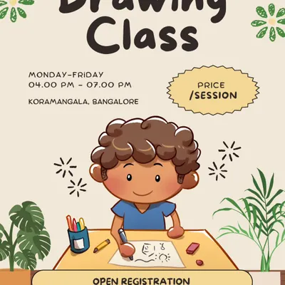 Our drawing classes for kids are open for registration. This welcoming poster illustrates the fun and creative environment we foster for our youngest artists here in Koramangala.
