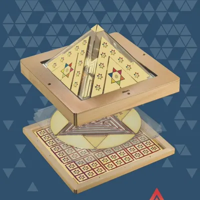 This diagram shows the intricate design of a home pyramid yantra. It is not just a simple pyramid; it includes multiple layers like the golden top, FAMA programming, cosmotrons, and a numero-grid. Each element is scientifically designed to channel and amplify cosmic energy, creating a powerful positive field in your home.
