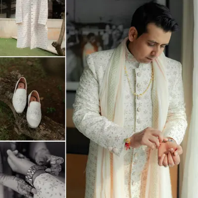 A collage capturing the essence of the groom getting ready. From his sherwani and shoes to the final adjustments, it's the story of a man preparing to meet his forever.