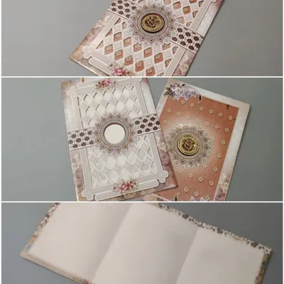 A detailed wedding invitation with a handle, featuring multiple layers and patterns. This collage shows the outer sleeve, the inner card, and the three-panel insert for printing text.