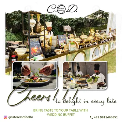 A complete view of our wedding buffet capabilities, showcasing a Teppanyaki grill station alongside a long line of main courses. This collage highlights both our interactive elements and the sheer variety of dishes we offer.