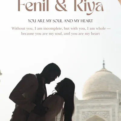 A silhouette of the couple against the majestic Taj Mahal, capturing a moment of pure connection. This frame emphasizes their bond, making the iconic backdrop a witness to their love story.