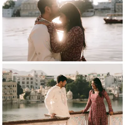 A collage capturing the essence of a pre-wedding shoot in Udaipur. The golden hour kiss and the serene conversation by the lake showcase the city's romantic atmosphere.