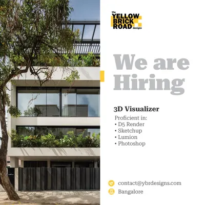 A targeted ad for a 3D Visualizer at The Yellow Brick Road Designs in Bangalore, specifying proficiency in D5 Render, Sketchup, Lumion, and Photoshop.