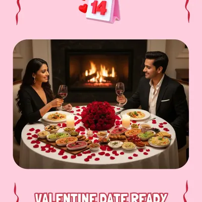 Set the mood for a perfect Valentine's date night at home. Our gourmet spread, complete with a variety of dips and snacks, turns any table into a romantic feast.
