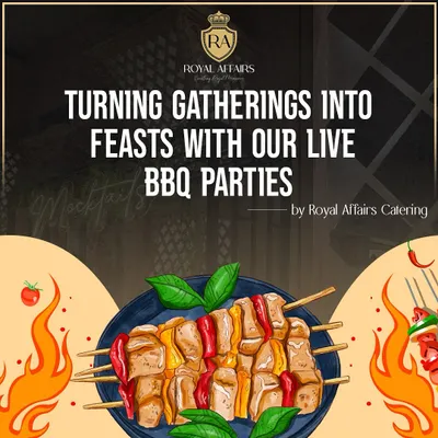 I turn gatherings into feasts with my live BBQ parties. This graphic illustrates the excitement of freshly grilled skewers, perfect for adding a dynamic and flavorful element to your corporate offsite or party.