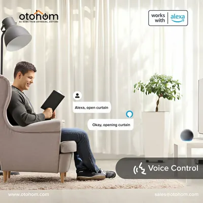 With our voice-controlled automation, managing your home is as simple as speaking. This scene shows a user opening the curtains with an Alexa command, demonstrating true hands-free convenience.