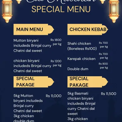 My special menu for Eid, with prices per kilo for Mutton and Chicken Biryani, as well as various chicken kebabs. I also have special packages for larger gatherings.