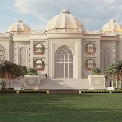 This is a render of a lavish banquet hall we designed in Punjab, showcasing a majestic structure with multiple domes and grand arches. It is a modern palace, embodying the essence of Indian cultural heritage and providing a regal backdrop for large-scale events.