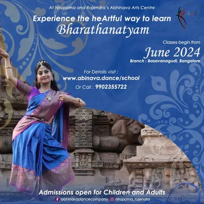 Find your rhythm with us. Admissions are open for our Bharathanatyam classes for children and adults, offering a path to physical, emotional, and spiritual well being.