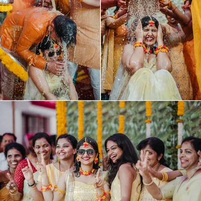 The pure fun of a Haldi ceremony. This collage captures the water splashing rituals and the joyful moments with friends and family, showcasing the vibrant energy of this pre wedding event.