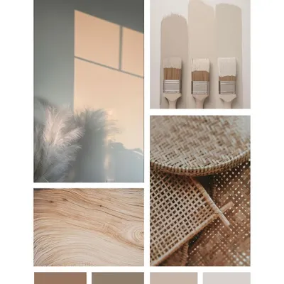 This is where the vision starts. A mood board with a warm, neutral palette, featuring natural wood textures, woven materials, and soft, earthy paint tones to create a calm and serene aesthetic.