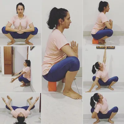 This image collage shows multiple variations of Malasana (Yogi Squat), using props like a block and a wall for support. It’s a great example of how we can adapt poses to fit your body's unique needs and mobility levels.