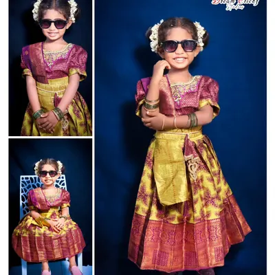 I love capturing the personality of little ones. This is a collage from a kids' photoshoot, showing different poses in a traditional pattu pavadai dress with a modern, stylish twist.