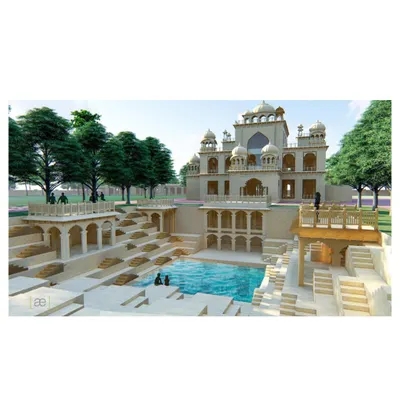 Our conceptual design for the Dhun Imagination Center in Jaipur. This render shows the transformation of a historic haveli into a center for artists, complemented by a newly designed 'baoli' or stepwell, creating a space for community interaction.